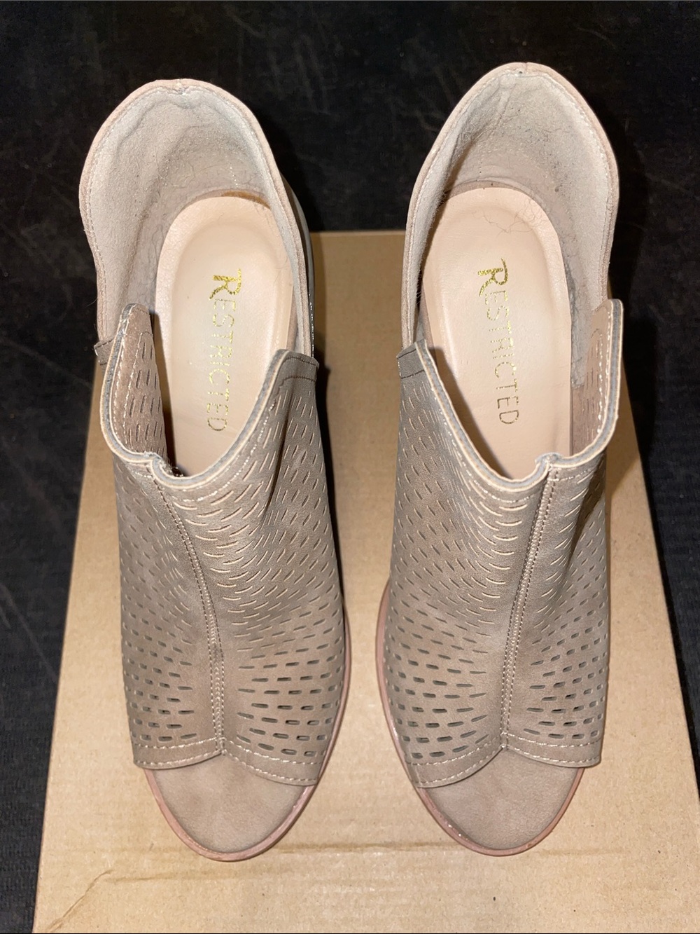 Restricted Taupe Perforated Peep-Toe Mules